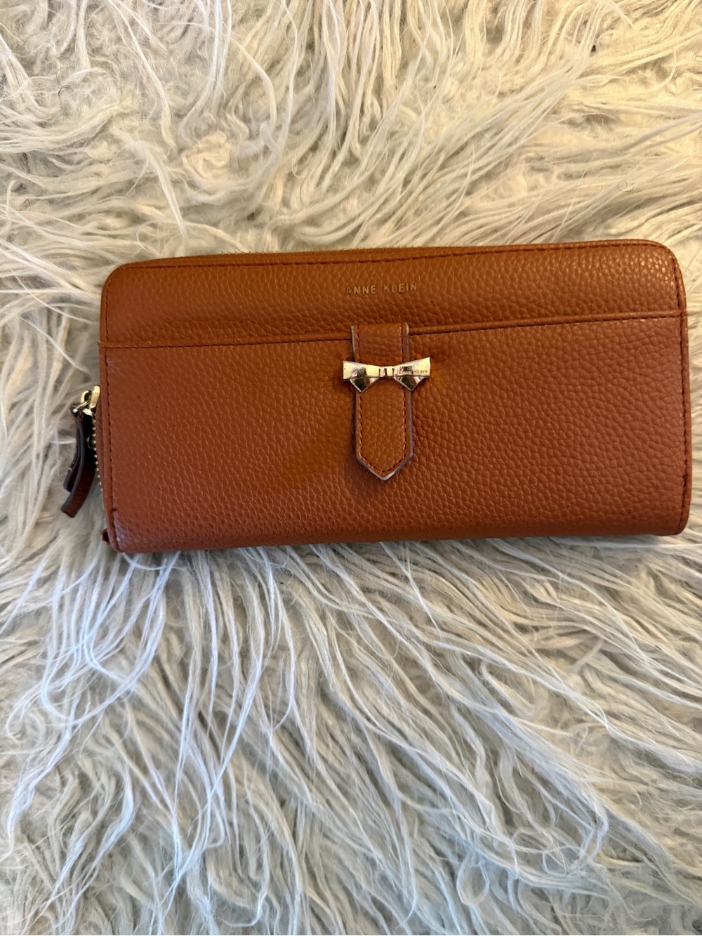 Anne Klein Tan Pebbled Leather Zip-Around Wallet with Bow Accent
